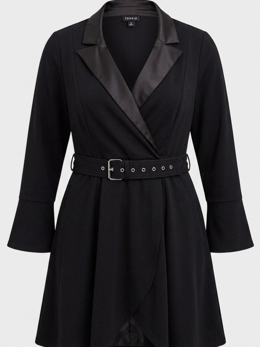 Torrid Mini Tuxedo Dress Plus Size Black Skater Satin Lapel Belted Flared 18